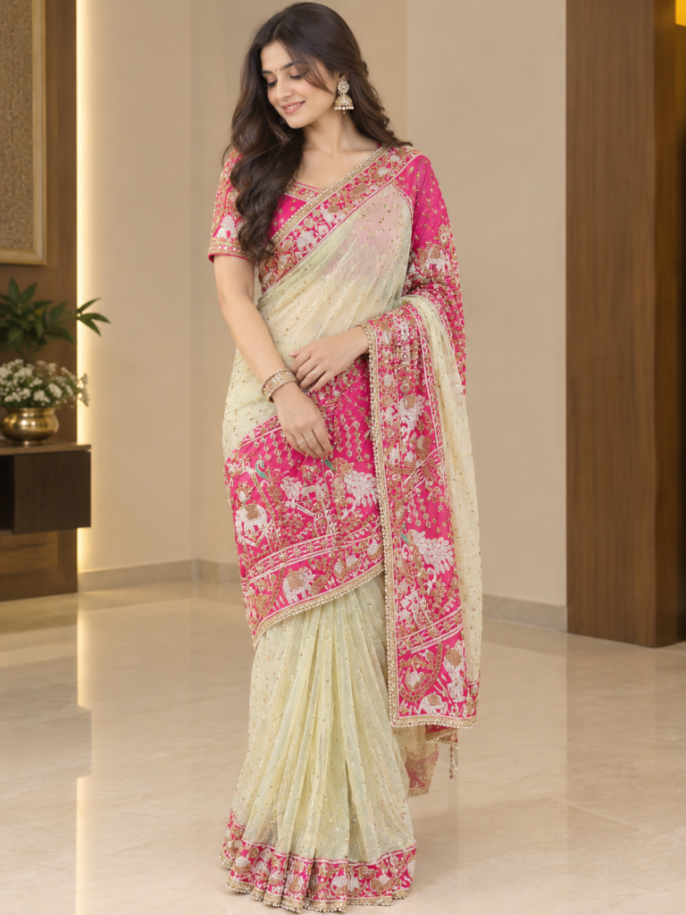 elegant fuchsia embroidered saree portrait